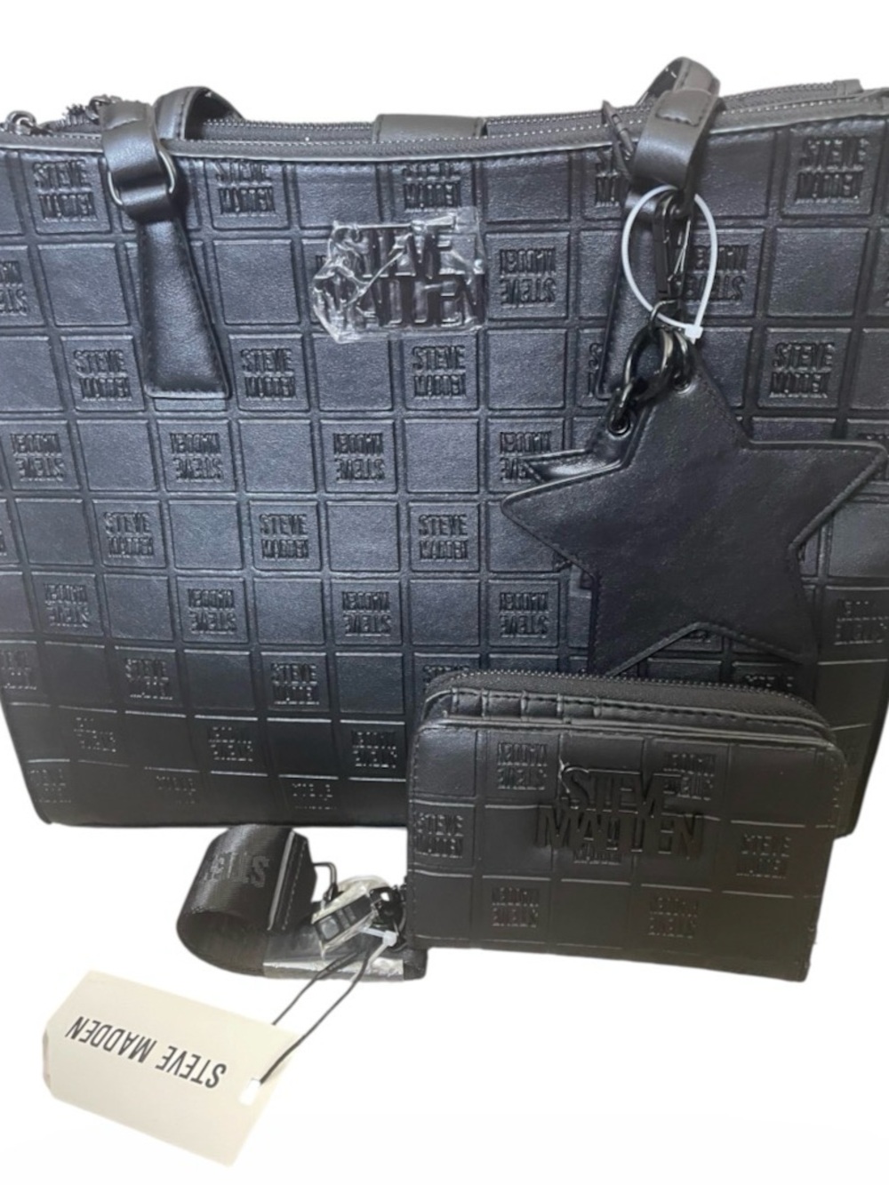 Steve Madden Black Embossed Tote with Star Charm and Matching Wallet